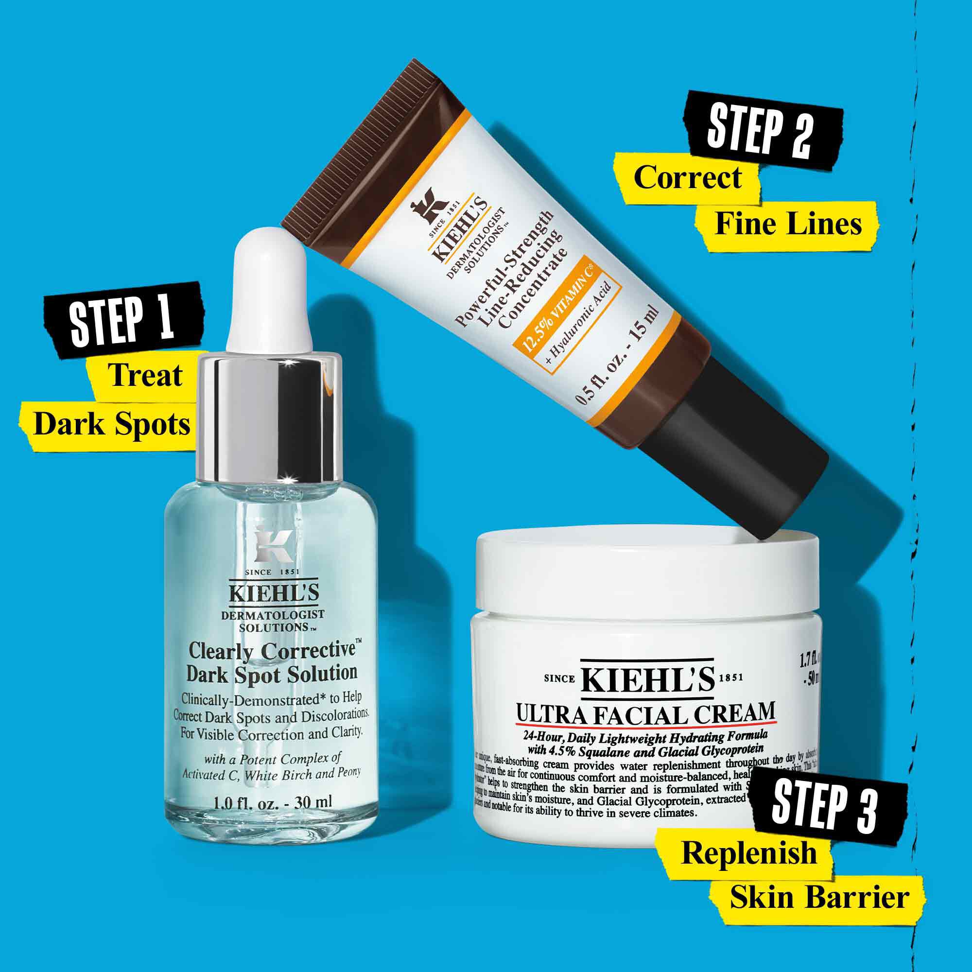 Included formula image: Step 1 Treat Dark Spots Step 2 Correct Fine Lines Step 3 Replenish Skin Barrier 