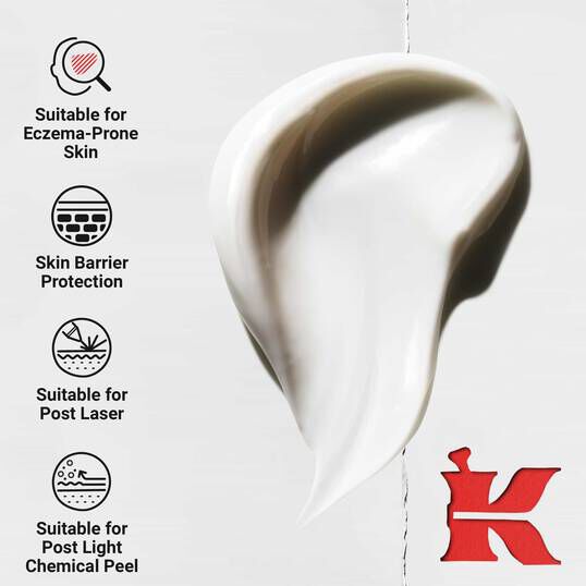 An image features a dynamic swirl of thick white and black cream against a light background. To the left of the cream, text and icons highlight its benefits: it is suitable for eczema-prone skin, offers skin barrier protection, is suitable for post-laser application, and can be used post-light chemical peel. A prominent red 'K' logo is visible in the bottom right corner.