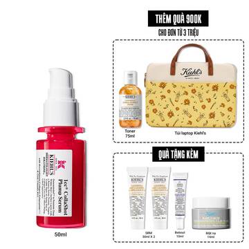 A vibrant red bottle of Kiehl's Hydro-Plumping Serum with a white pump dispenser. The product is centered against a plain white background, highlighting its bold packaging and label.​