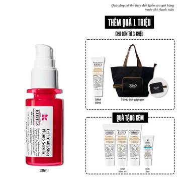 A vibrant red bottle of Kiehl's Hydro-Plumping Serum with a white pump dispenser. The product is centered against a plain white background, highlighting its bold packaging and label.​
