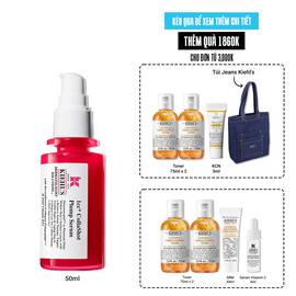 A vibrant red bottle of Kiehl's Hydro-Plumping Serum with a white pump dispenser. The product is centered against a plain white background, highlighting its bold packaging and label.​