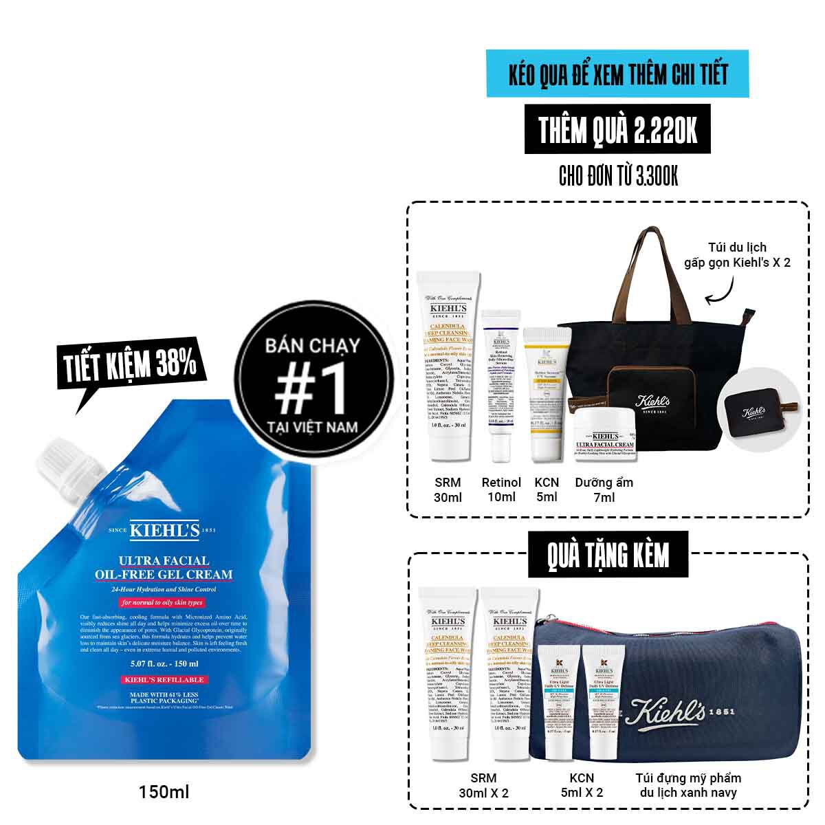 Kem Dưỡng Cấp Ẩm Kiềm Dầu Kiehl's Ultra Facial Oil-Free Gel Cream Khong Bong Nhờn Suốt 24H