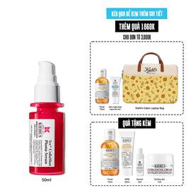 A vibrant red bottle of Kiehl's Hydro-Plumping Serum with a white pump dispenser. The product is centered against a plain white background, highlighting its bold packaging and label.​