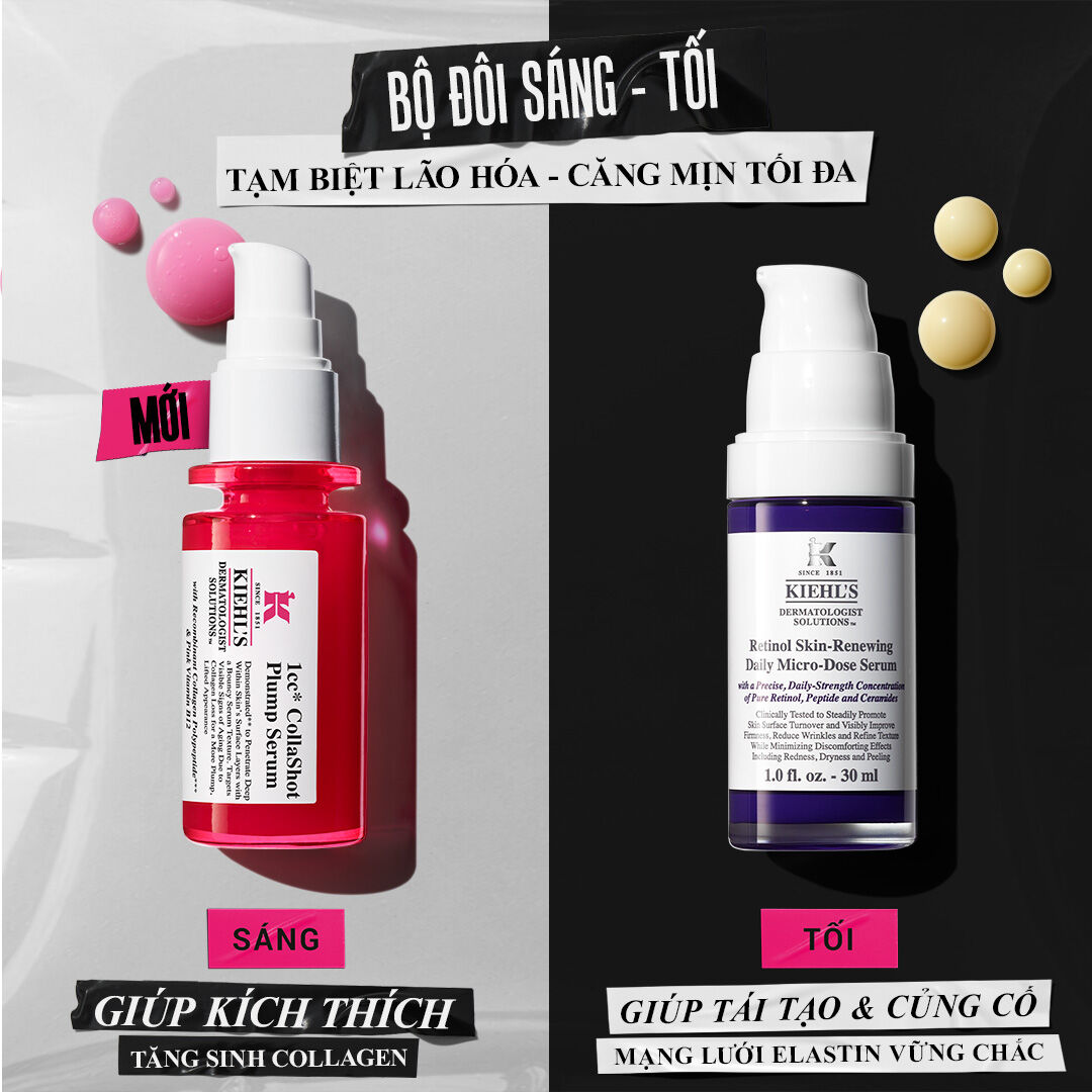 Details of Kiehl’s key ingredients: Recombinant Collagen Polypeptides, Vitamin B12 (pink colorant), and Rhamnose (anti-aging). Each ingredient lists the purpose and shows texture.​