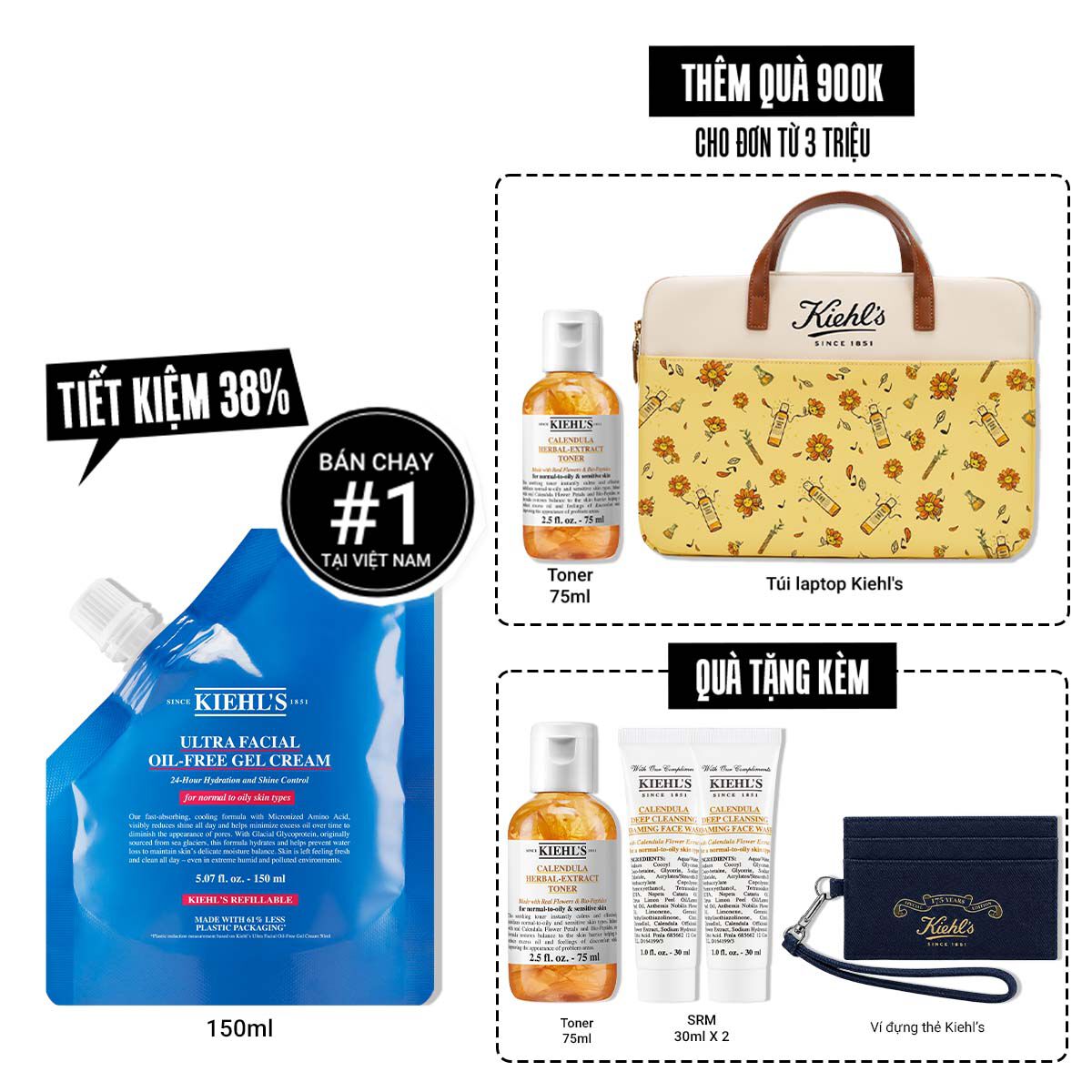 Kem Dưỡng Cấp Ẩm Kiềm Dầu Kiehl's Ultra Facial Oil-Free Gel Cream Khong Bong Nhờn Suốt 24H