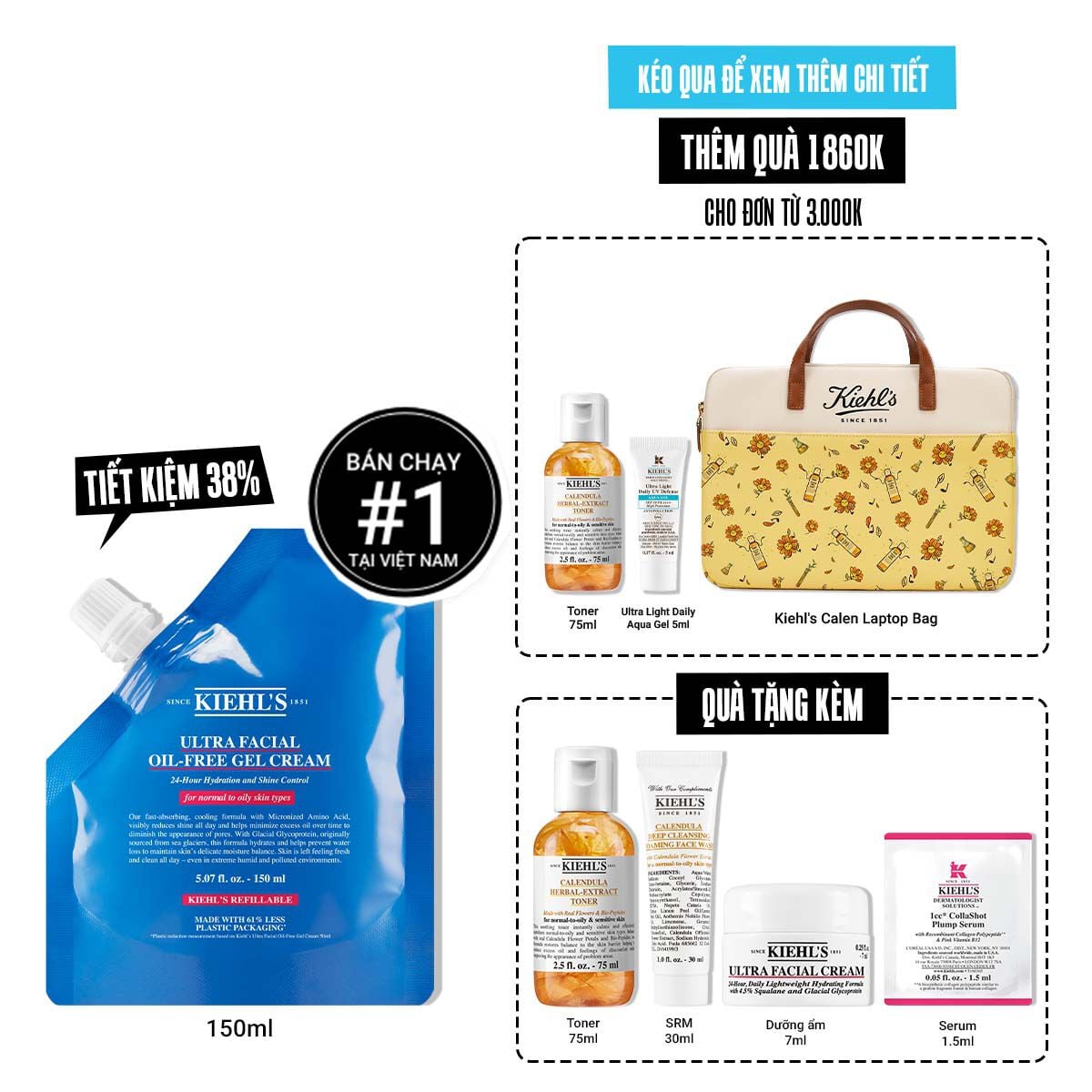 Kem Dưỡng Cấp Ẩm Kiềm Dầu Kiehl's Ultra Facial Oil-Free Gel Cream Khong Bong Nhờn Suốt 24H
