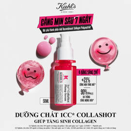 A vibrant red bottle of Kiehl's Hydro-Plumping Serum with a white pump dispenser. The product is centered against a plain white background, highlighting its bold packaging and label.​
