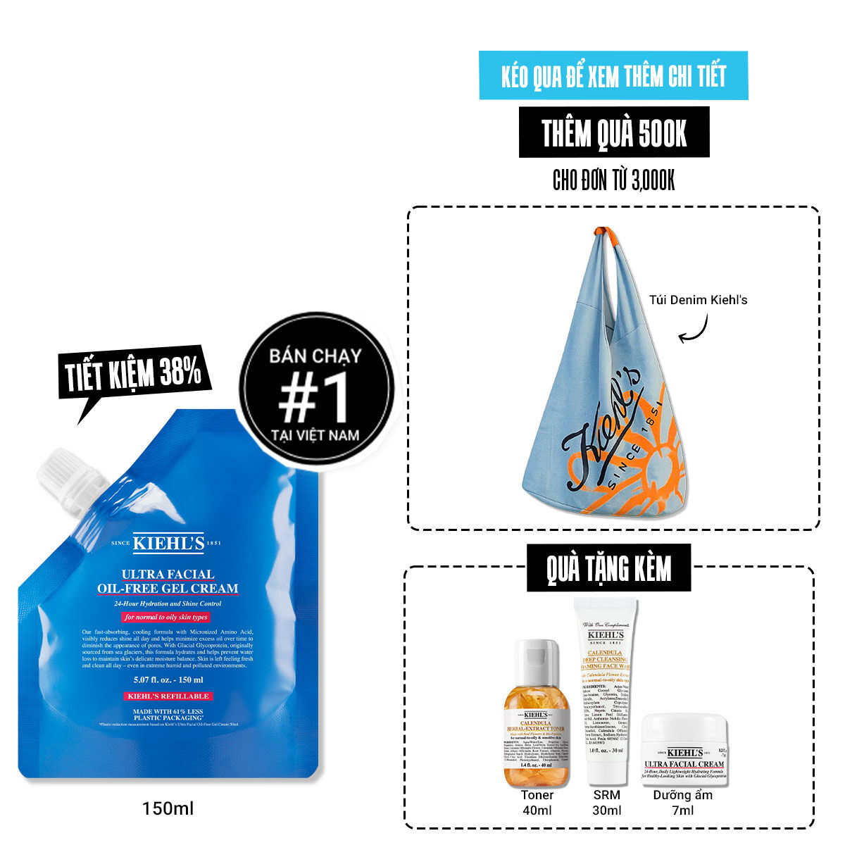 Kem Dưỡng Cấp Ẩm Kiềm Dầu Kiehl's Ultra Facial Oil-Free Gel Cream Khong Bong Nhờn Suốt 24H