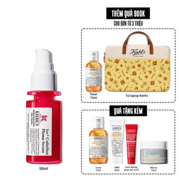 A vibrant red bottle of Kiehl's Hydro-Plumping Serum with a white pump dispenser. The product is centered against a plain white background, highlighting its bold packaging and label.​
