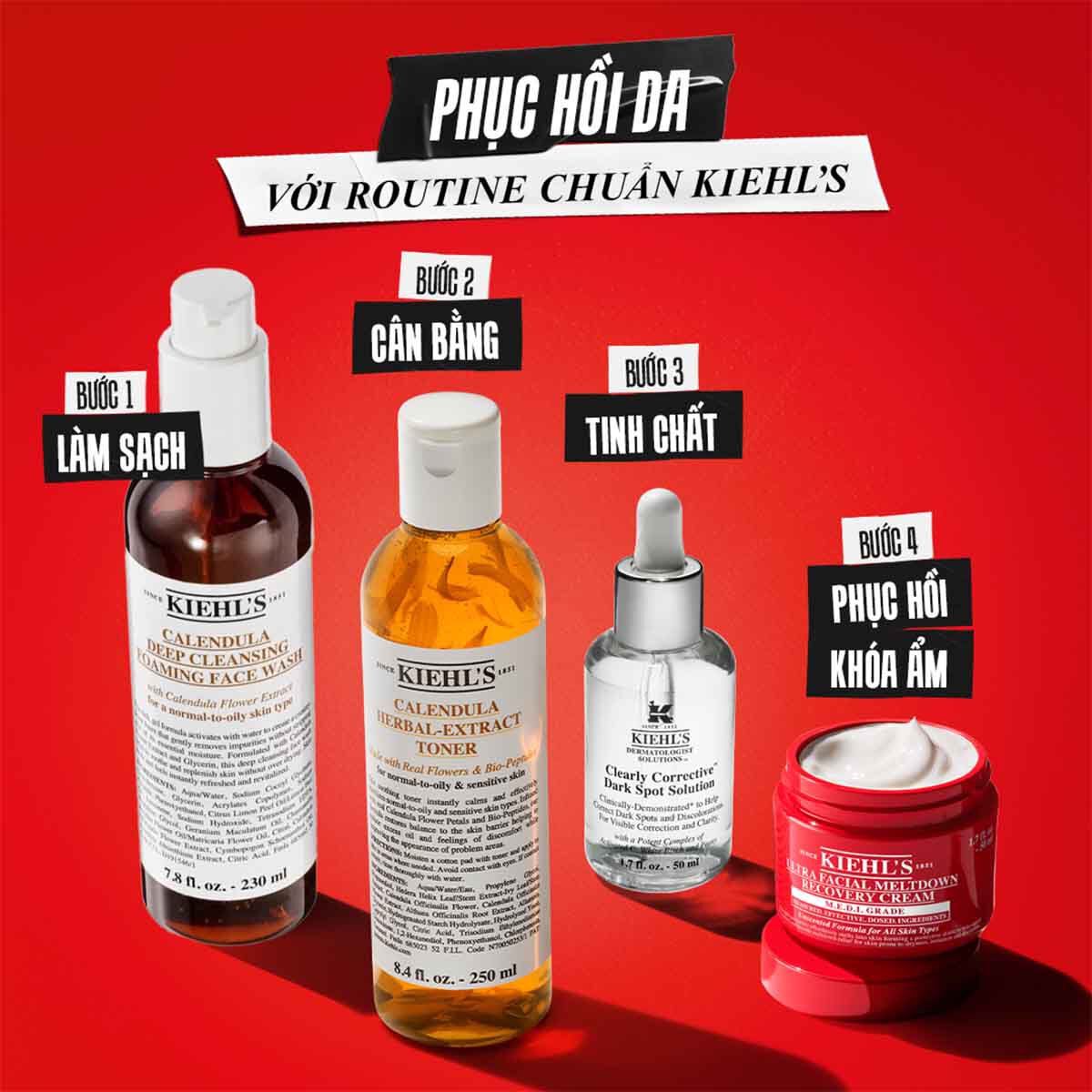 Three Kiehl’s skincare products labeled as a routine: Step 1 Cleanse (Ultra Facial Barrier-Hydrating Cleanser), Step 2 Recover (Ultra Facial Meltdown Recovery Cream), and Step 3 Protect (Better Screen UV Serum) on a white and red background.