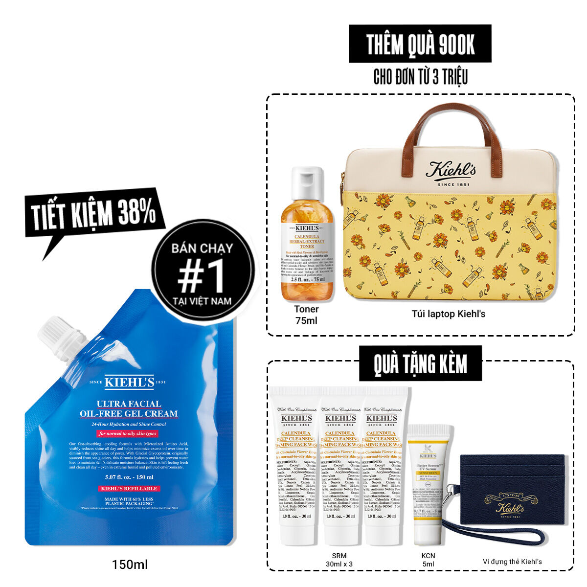 Kem Dưỡng Cấp Ẩm Kiềm Dầu Kiehl's Ultra Facial Oil-Free Gel Cream Khong Bong Nhờn Suốt 24H