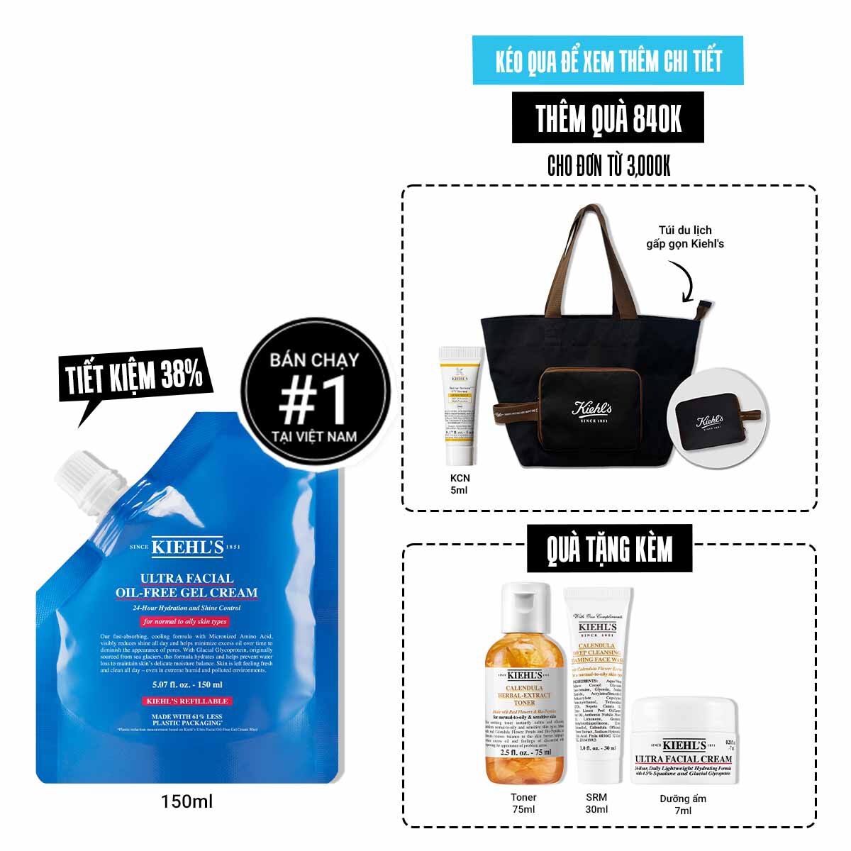 Kem Dưỡng Cấp Ẩm Kiềm Dầu Kiehl's Ultra Facial Oil-Free Gel Cream Khong Bong Nhờn Suốt 24H