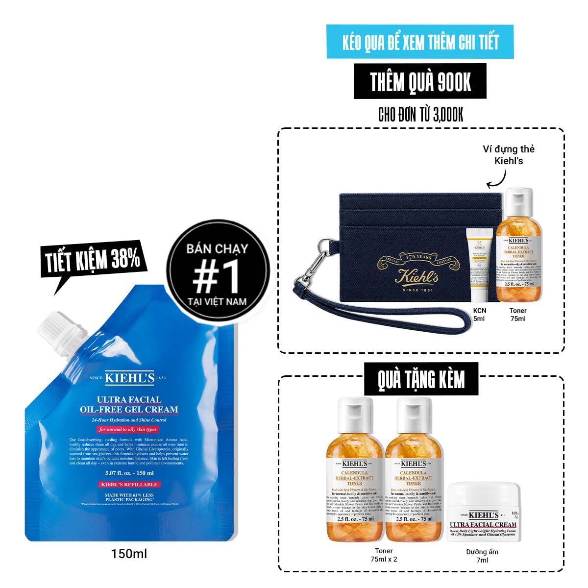Kem Dưỡng Cấp Ẩm Kiềm Dầu Kiehl's Ultra Facial Oil-Free Gel Cream Khong Bong Nhờn Suốt 24H