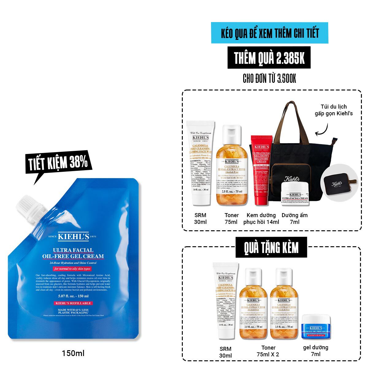 Kem Dưỡng Cấp Ẩm Kiềm Dầu Kiehl's Ultra Facial Oil-Free Gel Cream Khong Bong Nhờn Suốt 24H