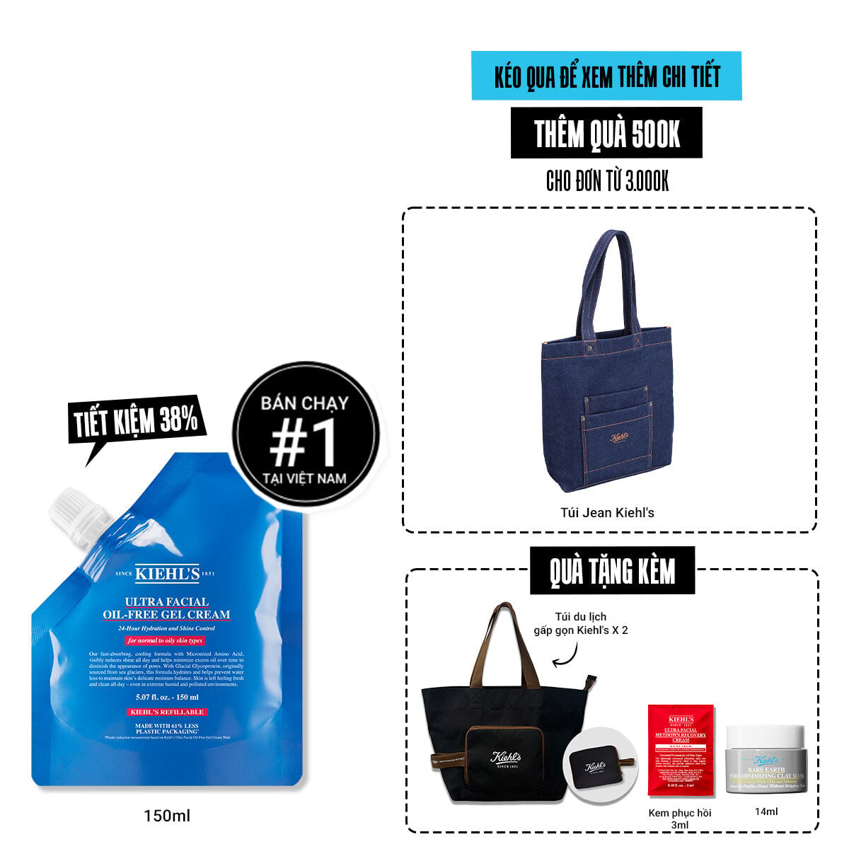Kem Dưỡng Cấp Ẩm Kiềm Dầu Kiehl's Ultra Facial Oil-Free Gel Cream Khong Bong Nhờn Suốt 24H