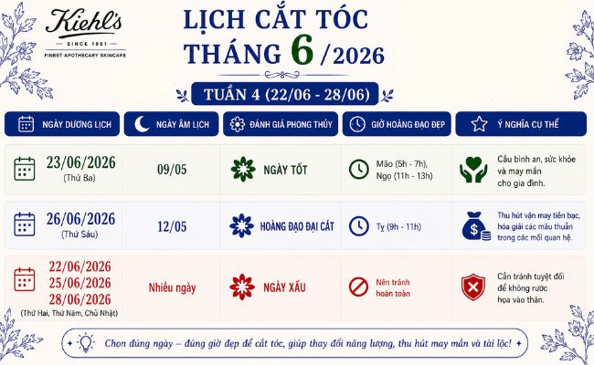 Lịch cắt tóc tháng 6/2026 tuần 4
