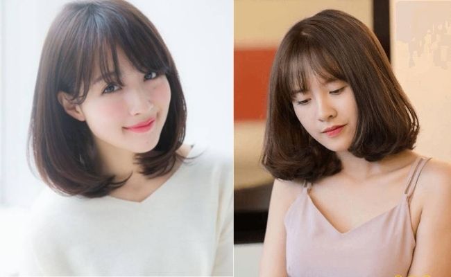 Tóc uốn cụp ngang vai với mái thưa