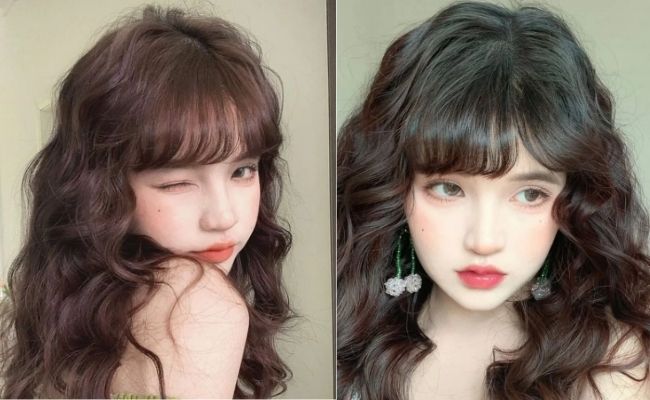 Tóc xoăn mái bằng cho mặt tròn béo