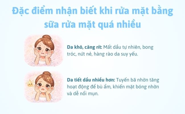 Đặc điểm nhận biết khi rửa mặt bằng sữa rửa mặt quá nhiều