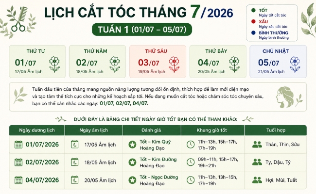 Lịch cắt tóc tháng 7/2026 tuần 1