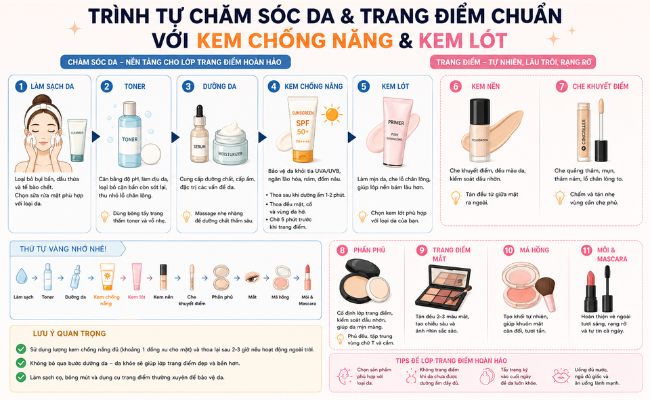 Trình tự chăm sóc da và trang điểm chuẩn