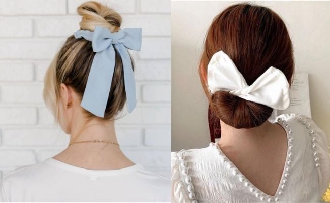 Cách búi tóc đính nơ xinh dịu dàng