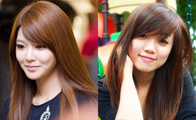 Tóc mái xéo kết hợp tóc dài giúp khuôn mặt thanh tú