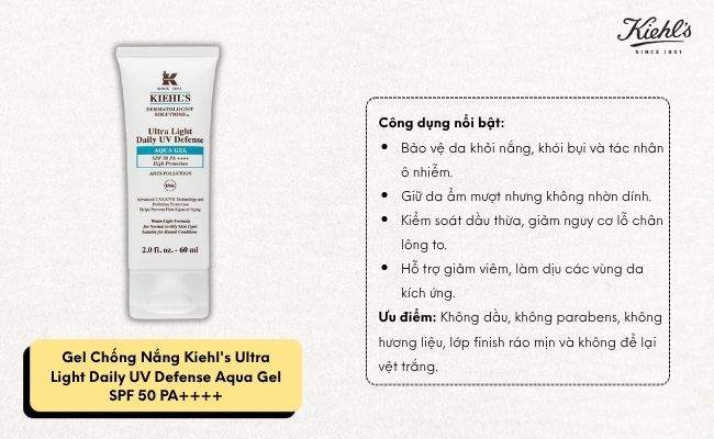Gel Chống Nắng Kiehl's Ultra Light Daily UV Defense Aqua Gel SPF 50 PA++++ 