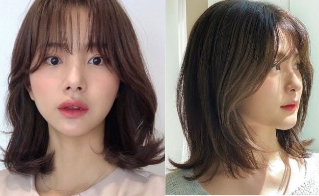 Tóc xoăn sóng lơi ngang vai kết hợp với mái thưa trẻ trung