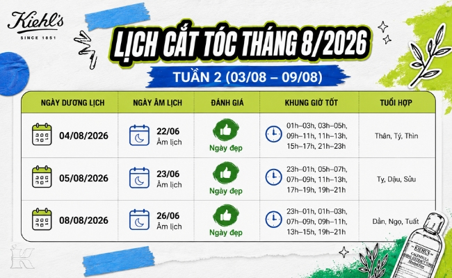 Lịch cắt tóc tháng 8 2026 tuần 2