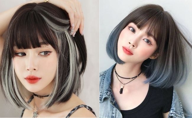 Tóc ngắn nhuộm highlight kết hợp mái bằng