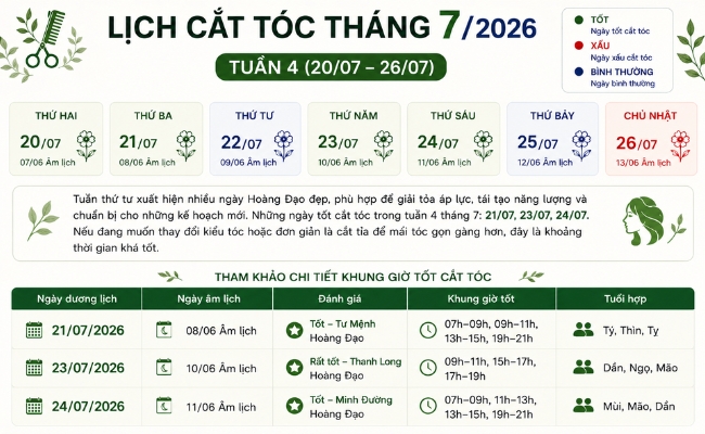 Lịch cắt tóc tháng 7/2026 tuần 4