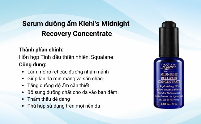 Serum dưỡng ẩm cho da khô phục hồi ban đêm Kiehl's Midnight Recovery Concentrate