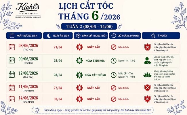 Lịch cắt tóc tuần 2 tháng 6/2026