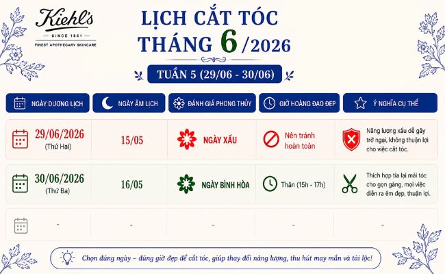 Lịch cắt tóc tháng 6/2026 dương lịch tuần 5