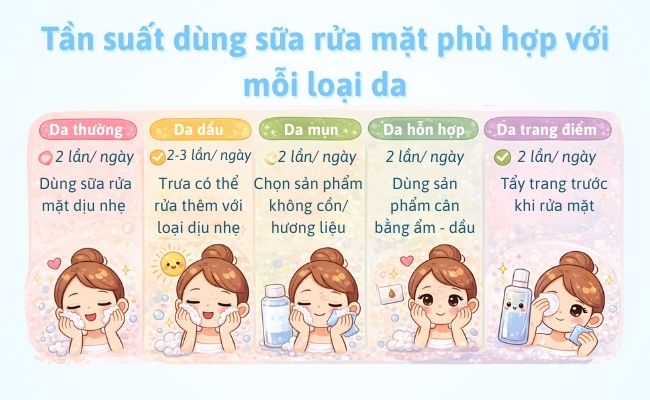 Tần suất dùng sữa rửa mặt phù hợp với mỗi loại da