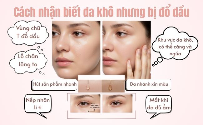 Cách nhận biết da khô nhưng bị đổ dầu