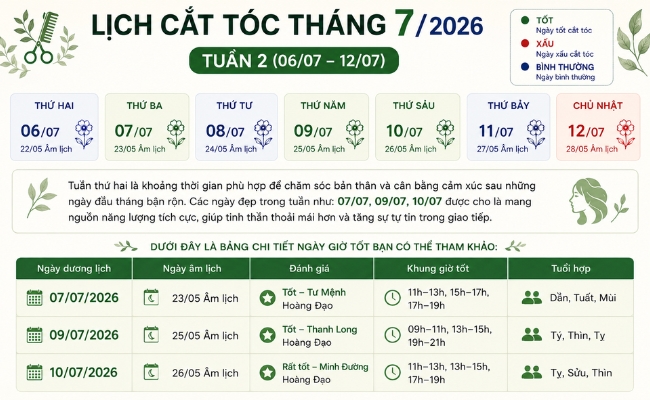 Lịch cắt tóc tháng 7/2026 tuần 2