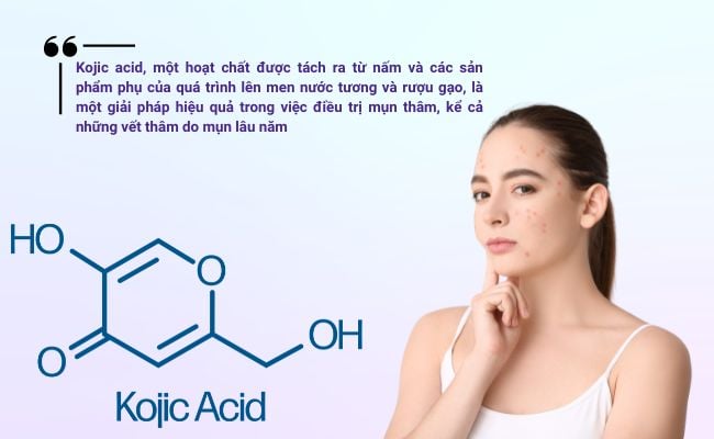 Kojic acid không chỉ giúp loại bỏ mụn thâm mà còn hoạt động như một chất chống oxy hóa và kháng khuẩn