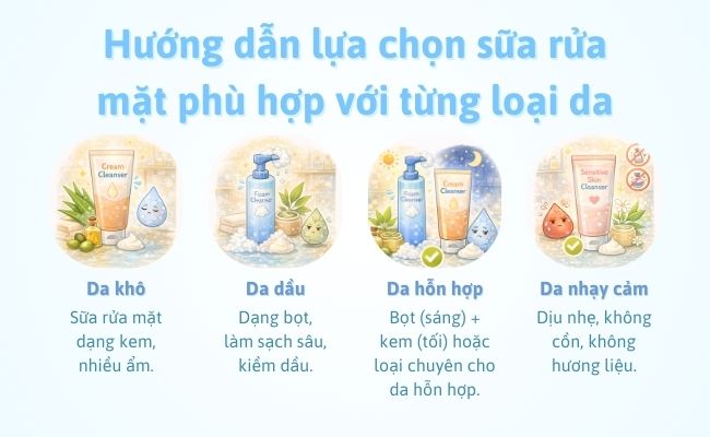 Hướng dẫn lựa chọn sữa rửa mặt phù hợp với từng loại da