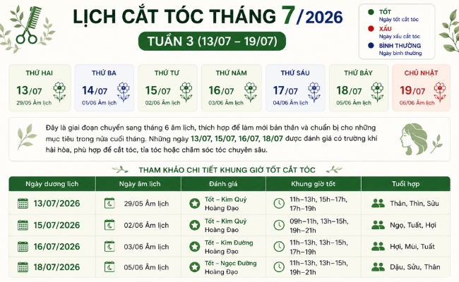 Lịch cắt tóc tháng 7/2026 tuần 3