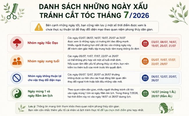 Những ngày xấu tránh cắt tóc tháng 7/2026