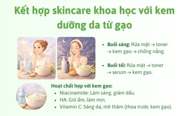 Kết hợp skincare khoa học với kem dưỡng da từ gạo