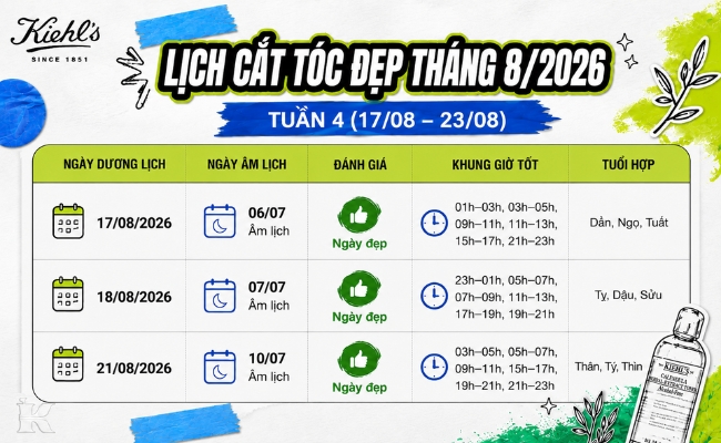 Lịch cắt tóc tháng 8 2026 tuần 4