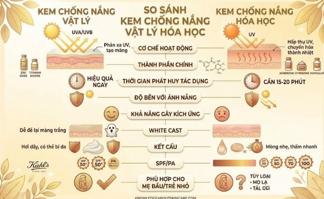 So sánh kem chống nắng vật lý và kem chống nắng hoá học